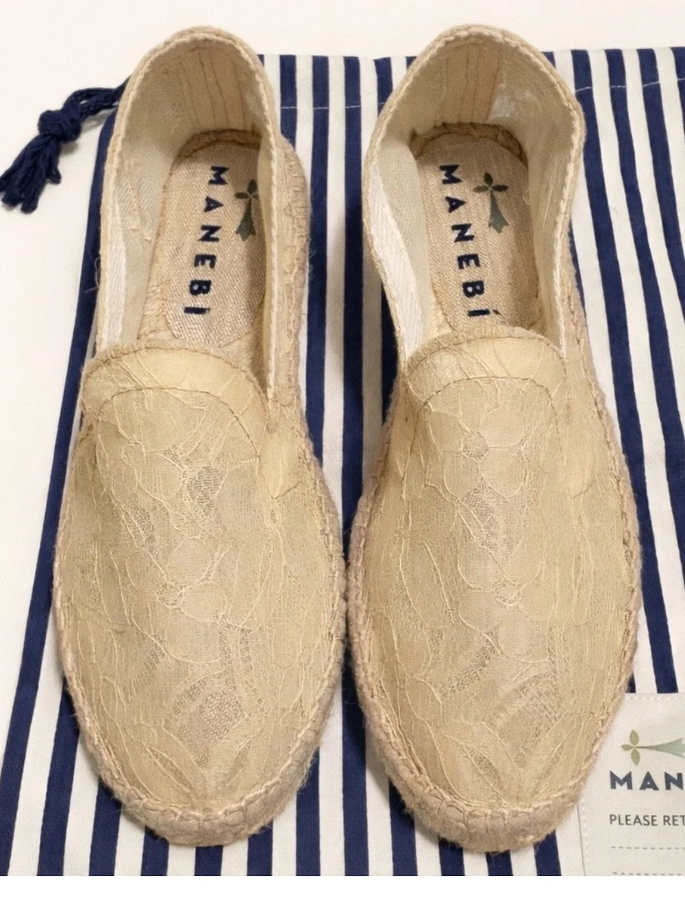 Manebí Lace Espadrilles Cream Sheer Slip On Shoes Size 38 Spain US 8
